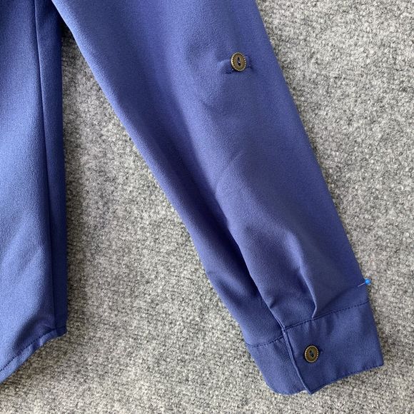 Mine Pullover Blouse Sz S Button Flyaway Back Blue Long Tab Roll Sleeves Career - Picture 7 of 12